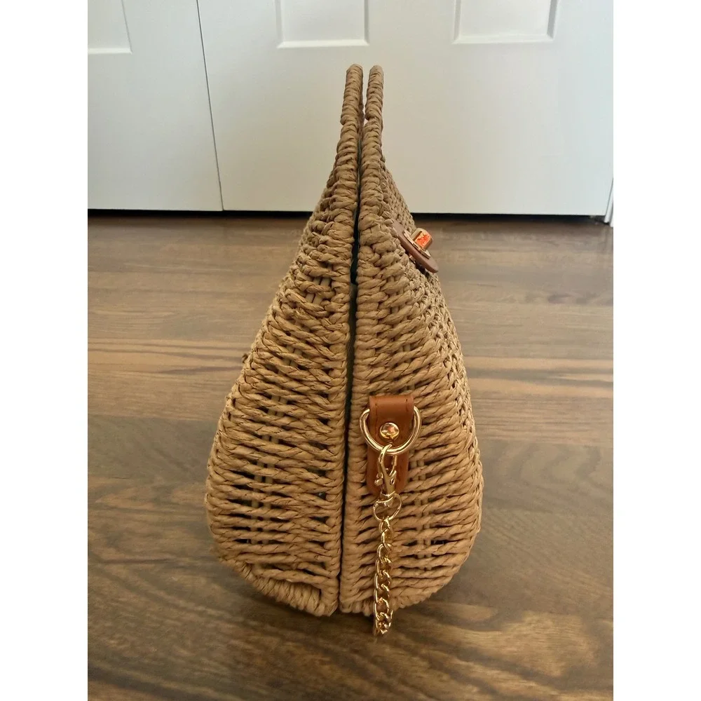 Woven Straw Crossbody Bag Tan Gold Chain Strap Turn Lock‎ Summer Beach Clutch